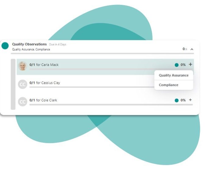 Screenshot of YakTrak software showing quality observation and compliance data